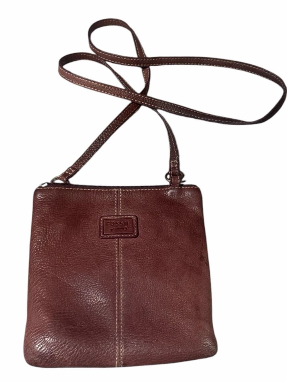 VINTAGE FOSSIL Brown Leather Organizer Crossbody Bag Adjustable Strap